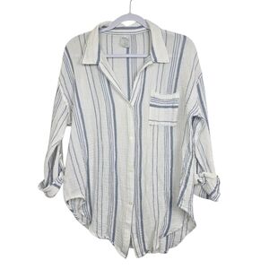 Kona Sol Women’s Striped Button-Down Gauzy Swim Cover-Up Shirt – Size M